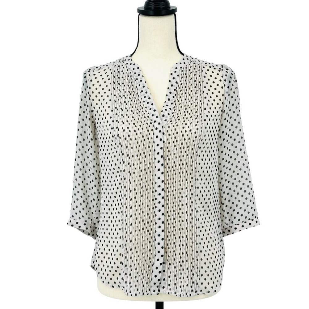 H&M Pleated Blouse Semi-Sheer Ivory & Black Polka Dot 3/4 Sleeve Women's Size‎ 2